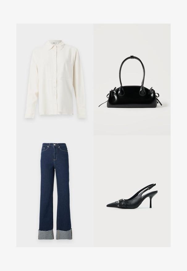 Blouse crème à manches longues avec fermeture à boutons sur le devant et col pointu, tissu lisse et un détail de couture discret sous la poitrine.; Jean flare en denim bleu foncé avec taille haute, présentant un ourlet brut et des détails de revers en denim plus clair au niveau des chevilles. Fermeture à bouton argenté.; Escarpin slingback à talon haut en cuir noir avec bout pointu, boucle et détail de bride œillet à l'avant.; Petit sac à main noir brillant avec deux longues anses et des détails à cordon sur les côtés sur un fond clair uni.