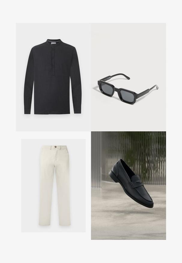 Chemise noire à manches longues avec col mandarin et patte de boutonnage à quatre boutons, présentée sur un fond blanc uni.; Pantalon beige à jambes droites avec poches avant, passants de ceinture, fermeture par bouton et braguette zippée, présenté sur un fond blanc.; Mocassin en cuir noir à finition lisse, bout pointu et détails cousus sur le dessus. Talon bas et design minimaliste.; Lunettes de soleil rectangulaires noires avec des montures épaisses et des verres teintés foncés, inclinées sur un fond blanc.