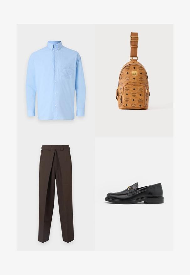 Lys blå langærmet skjorte med knapper lavet af bomuld, der har en brystlomme med et detaljeret grafisk design. Glat tekstur med en standard krave.; BLUEMARBLE WORK PANT - Bukser - brown; Sorte læder loafers med en rund tå, der har guld hardware accent og syningsdetaljer, placeret på en lav, tekstureret gummisål.; Lille tan farvet læder crossbody taske med justerbar rem, front lynlåslomme og gentagende sort MCM-logo mønster.
