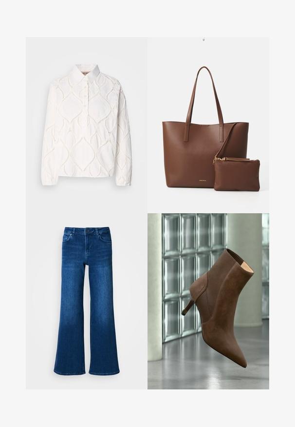 Witte lange mouwen blouse met een kraag, voorzien van textuuroverbelasting in een ruitpatroon en een knoopsluiting. Zacht, lichtgewicht stof.; Blauwe denim wijde broek met hoge taille, heeft vijf zakken, knoop- en ritsluiting, en een gladde, gelijkmatige textuur.; Bruine enkellaars met spitse neus en kitten heel, zwevend voor een glazen blokmuur en betonnen vloer.; Bruine neplederen schoudertas met twee lange handvatten en een bijpassend klein pouch. Het oppervlak heeft een gestructureerd patroon en gouden hardware accenten.