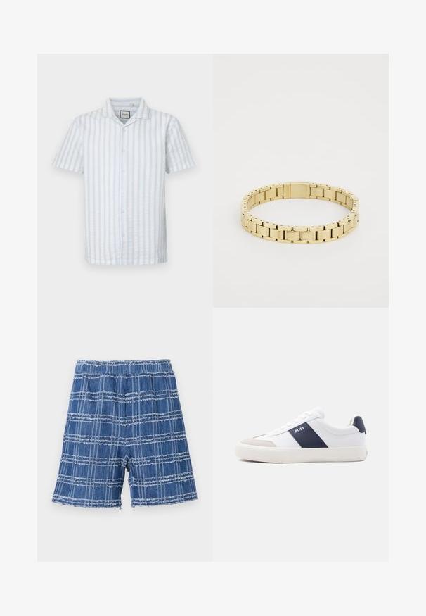 Hemd mit kurzen Ärmeln in hellblau und weißen vertikalen Streifen. Aus leichtem Stoff mit einem Camp-Kragen und fünf Knöpfen gefertigt.; Denim-Shorts mit fransigem Saum, die ein blaues Karomuster aufweisen. Elastischer Bund, gerader Schnitt und weiche Textur.; Weißer Sneaker mit niedrigem Schaft, marineblauem Seitenstreifen, "BOSS" Logo, beiger Zehenkappe und weißer Sohle, seitlich auf hellem Hintergrund gezeigt.; BOSS LINKS ESSENTIAL - Armband - gold-coloured