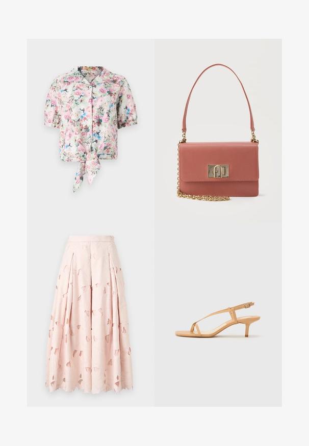 Bloemenblouse met korte mouwen en een kraag, met een strik in de taille, in pastelkleuren roze, blauw en groen met een zachte textuur.; Lichtroze midi-rok met bloemenuitsnijdingen en een reliëfpatroon, voorzien van plooien en een nauwsluitende tailleband.; Nude strappy hoge hakken met een dunne enkelband, een gladde textuur en een taps toelopende hak van 5 cm. Minimalistisch ontwerp met een vlakke teenbed.; Kleine rechthoekige stoffige roze leren handtas met een korte band, gouden kettingdetail en een gouden rechthoekige sluiting op de voorklep.