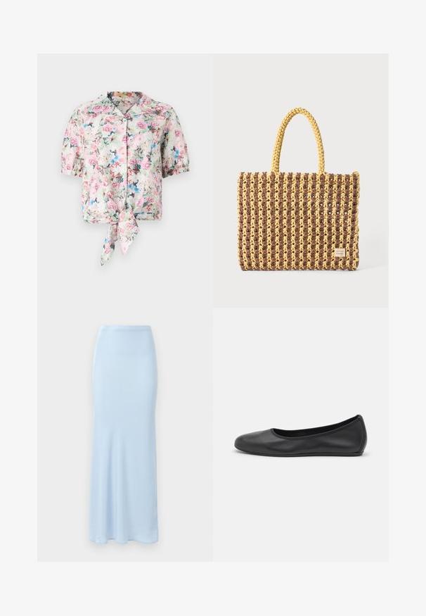 Blusa corta de manga corta con estampado floral y cuello, con un lazo en la cintura, en tonos pasteles de rosa, azul y verde con una textura suave.; Falda de satén de color azul claro, hasta el suelo, con cintura ajustada y un ligero vuelo en la parte inferior, sobre un fondo blanco.; Bailarina de piel negra con punta redondeada, textura suave, detalle de costura minimalista y diseño de suela flexible.; Bolso tejido en marrón y amarillo, con forma rectangular, dos asas y un acabado texturizado con costuras visibles y una etiqueta de marca.