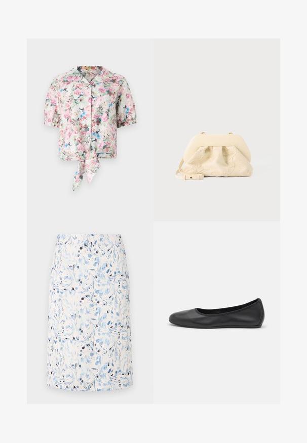 Blusa corta de manga corta con estampado floral y cuello, con un lazo en la cintura, en tonos pasteles de rosa, azul y verde con una textura suave.; Falda con estampado floral que presenta un fondo claro con remolinos azules y acentos oscuros, confeccionada con tejido transpirable, con un diseño a la altura de la rodilla.; Bailarina de piel negra con punta redondeada, textura suave, detalle de costura minimalista y diseño de suela flexible.; Bolso de tela color crema con bordado floral, marco superior redondeado y suave, y correa ajustable, colocado en primer plano sobre un fondo gris claro.