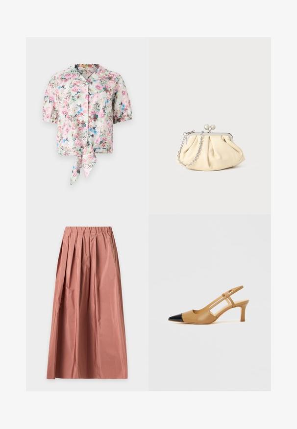 Blusa corta de manga corta con estampado floral y cuello, con un lazo en la cintura, en tonos pasteles de rosa, azul y verde con una textura suave.; Falda larga rosa polvoriento con pliegues, cinturilla elástica y tela ligera, mostrada plana sobre un fondo claro.; Tacones slingback color tostado con puntera negra puntiaguda, con laterales recortados y tacón cuadrado de altura media. Material de cuero liso.; Clutch de cuero beige plisado con un marco de metal plateado, que cuenta con dos broches decorativos redondos y una correa de cadena plateada.