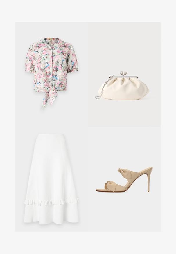 Blusa corta de manga corta con estampado floral y cuello, con un lazo en la cintura, en tonos pasteles de rosa, azul y verde con una textura suave.; Falda blanca acampanada hecha de tejido texturizado, con un dobladillo con volantes y diseño de ojales, cuenta con una cinturilla suave y un corte a la altura de la rodilla.; Sandalia mule de tacón alto color beige con dos tiras nudo retorcidas y tacón stiletto delgado sobre fondo blanco.; Bolso de mano de tela color crema con diseño fruncido, marco metálico plateado, dos bolas decorativas y correa de cadena plateada.