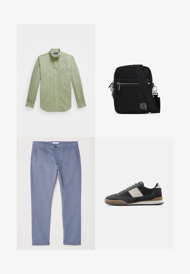 Lichtgroen langemouwige overhemd met knoopsluiting, voorzien van een puntige kraag, een klein geborduurd logo op de borst en parelknopen.; Lichtblauwe katoenen chino's met een slim fit, een platte voorkant en twee zijzakken. Beschikt over een enkele knoopsluiting en riemlussen.; Heren lage sneaker in donkergrijs en zwart suède met een beige zijstreep, goudkleurige merktekst, patroonveters en een witte en bruine zool.; Zwarte textuur crossbodytas met een ritsluiting, verstelbare schouderband en zilveren hardware. Heeft een logo-detail aan de voorkant.