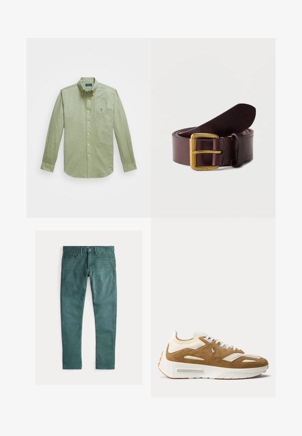 Camisa verde claro de manga larga con botones, que presenta un cuello puntiagudo, un pequeño logotipo bordado en el pecho y botones de perla.; Jeans de algodón verde con un ajuste slim. Presenta dos bolsillos frontales, una cremallera y costuras en contraste. Textura suave, color uniforme.; Zapatilla blanca y beige con suela gruesa, parte superior de ante y malla, cierre de cordones en la parte frontal y logotipo de Ralph Lauren en el lateral.; Cinturón de cuero marrón oscuro enrollado con una hebilla de latón grabada con la palabra Polo sobre un fondo blanco liso.