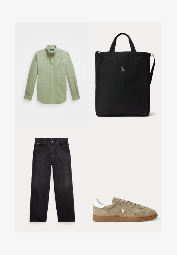 Lys grøn langærmet skjorte med knapper, som har en spids krave, et lille broderet logo på brystet og perleknapper.; Sorte denim jeans med lige ben, fem lommer, knaplukning og synlige metalnitter på forlommerne.; Beige lavskoet ruskindesneaker med brun sål, hvid hældetalje, snørebånd og en hvid broderet polospillerlogo på siden.; Sort rektangulær tote taske med korte håndtag, en lang rem på siden og et lille broderet polospillerlogo på midten foran.