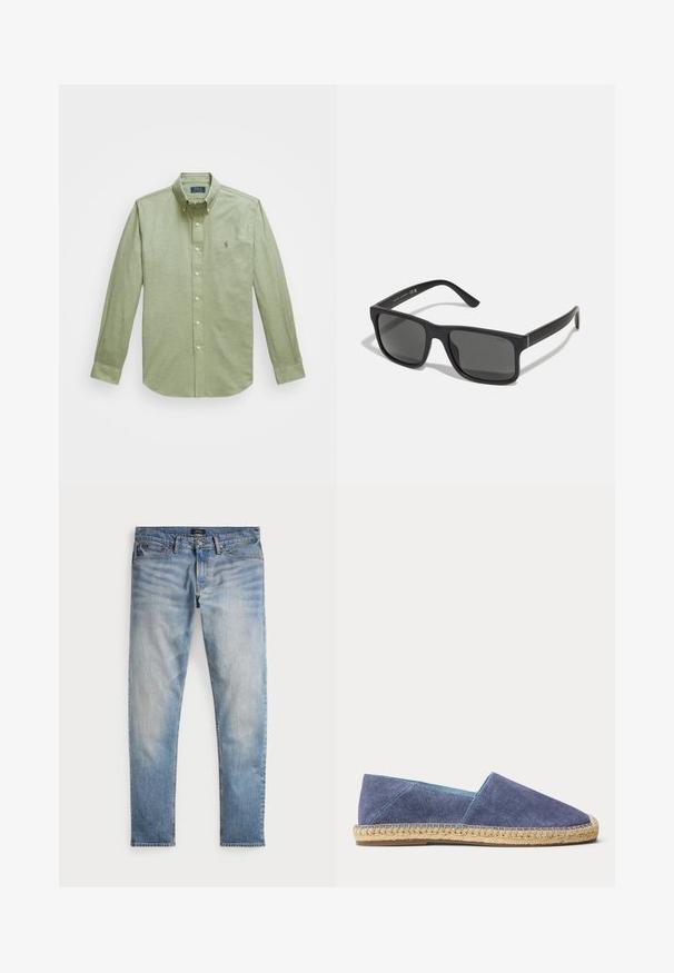 Lichtgroen langemouwige overhemd met knoopsluiting, voorzien van een puntige kraag, een klein geborduurd logo op de borst en parelknopen.; Lichtblauwe denim jeans met een vervaagde afwerking, vijfzakkenontwerp en contrasterende stiksels. Heeft een ritssluiting en riemlussen. Rechte snit.; Blauwe canvas espadrille met natuurlijke jute zool en stiksel, platte hak en gesloten afgeronde neus.; Zwarte rechthoekige zonnebril met donkere lenzen en matte afwerking. Voorzien van het ingekruide "POLO"-logo op de armen en een robuust frameontwerp.