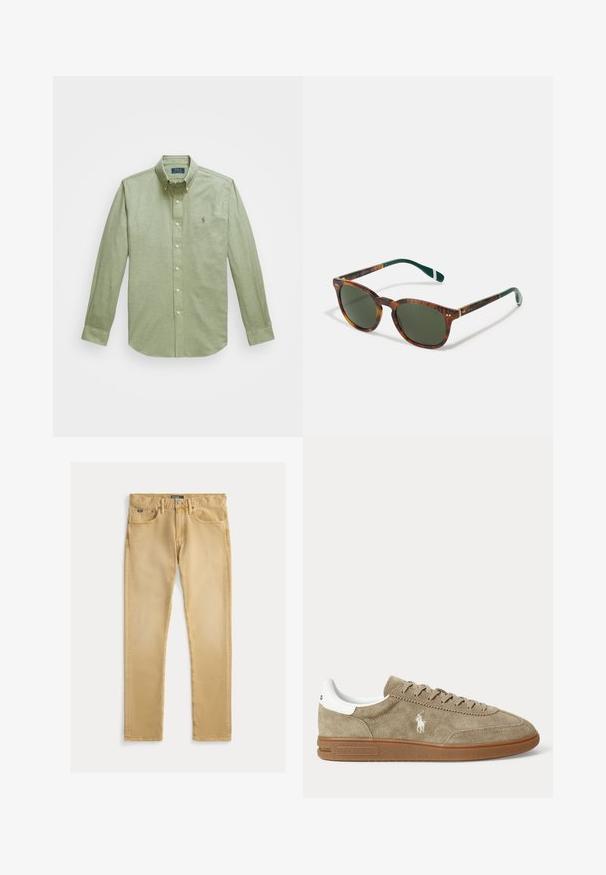 Camisa verde claro de manga larga con botones, que presenta un cuello puntiagudo, un pequeño logotipo bordado en el pecho y botones de perla.; Vaqueros de algodón beige con un ajuste slim, diseño de cinco bolsillos y costura visible. Presentan un botón de metal y una etiqueta en la cinturilla.; Zapatilla baja de ante beige con suela marrón, detalle blanco en el talón, cordones y un logo bordado blanco de un jugador de polo en el lateral.; Gafas de sol de carey con lentes verdes, forma redondeada, acentos dorados y brazos verde oscuro con una franja blanca.