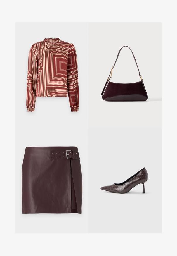Blusa de manga larga con un cuello alto, de tejido en color marrón con líneas geométricas en crema y puños fruncidos para un ajuste relajado.; Falda de piel sintética burdeos con cintura ceñida y hebilla metálica, que presenta un corte lateral y una textura suave y pulida.; Tacones puntiagudos de cuero sintético marrón con textura de cocodrilo, con un tacón delgado y angular y un forro interior suave.; Bolso de cuero marrón oscuro y brillante con una sola correa de hombro y detalles en hardware de tono dorado sobre un fondo liso.