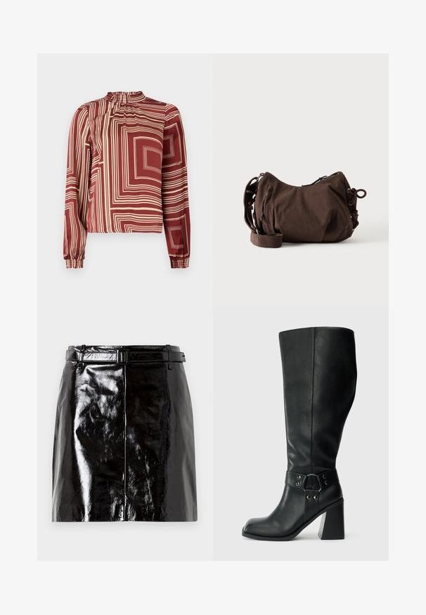 Blouse à manches longues avec un col haut, en tissu bordeaux avec des lignes géométriques crème et des poignets froncés pour un ajustement décontracté.; Mini-jupe en cuir noir brillant avec une ceinture assortie et des détails de couture centrale.; Bottes en cuir noires arrivant au genou, avec un bout carré, un large talon et une sangle décorative avec des accents métalliques autour de la cheville. Texture lisse.; Sac à bandoulière en velours côtelé marron avec sangle réglable, fermeture éclair et détails à cordon latéraux sur fond blanc.