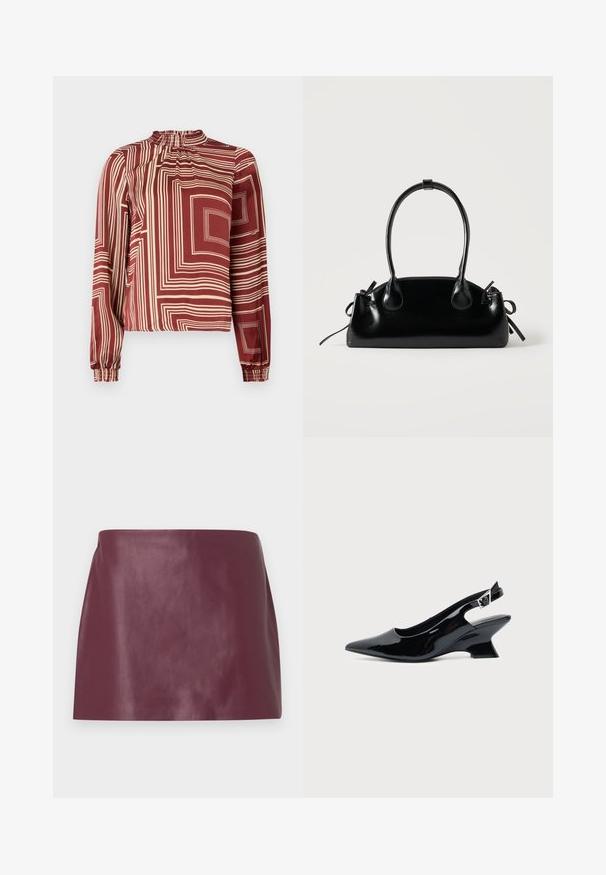 Blusa de manga larga con un cuello alto, de tejido en color marrón con líneas geométricas en crema y puños fruncidos para un ajuste relajado.; Mini falda de cuero burdeos suave con corte recto y sin adornos ni cierres visibles.; Zapato slingback de cuero charol negro con puntera puntiaguda y tacón bajo en bloque inclinado sobre fondo claro liso.; Pequeño bolso negro brillante con dos asas largas y detalles de cordón lateral sobre un fondo claro liso.
