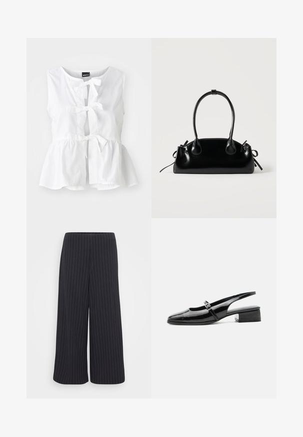 Witte mouwloze top van lichtgewicht stof, met een peplum zoom, voorste strikjes en een sleutelgatenopening, met een ronde halslijn.; Zwarte wijde broek met witte streepjespatroon. Gemaakt van soepele stof, met een hoge taille en zonder zichtbare sluitingen.; Zwarte lakleren slingback schoen met een lage blokhak en een dunne band met zilveren gesp bovenop.; Kleine zwarte glanzende handtas met twee lange hengsels en zijkant trekkoord details op een effen lichte achtergrond.