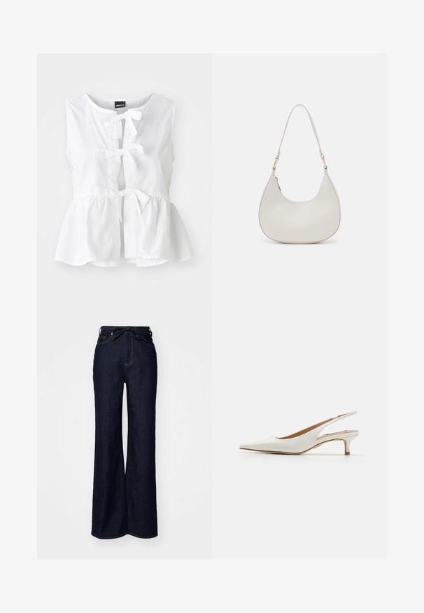 Hvid ærmeløs top i letvægtsstof, med peplum-hjørne, frontbindinger og nøglehulåbning, samt rund halsudskæring.; Mørkeblå brede bukser lavet af denim, med høj talje, forlommer og en bindebåndslukning i taljen.; Steve Madden KARI - Pumps - white; Cremefarvet læder skuldertaske med en halvmåneform, tynd rem og diskrete syninger. Minimalistisk design med hardware-accenter i guldton.