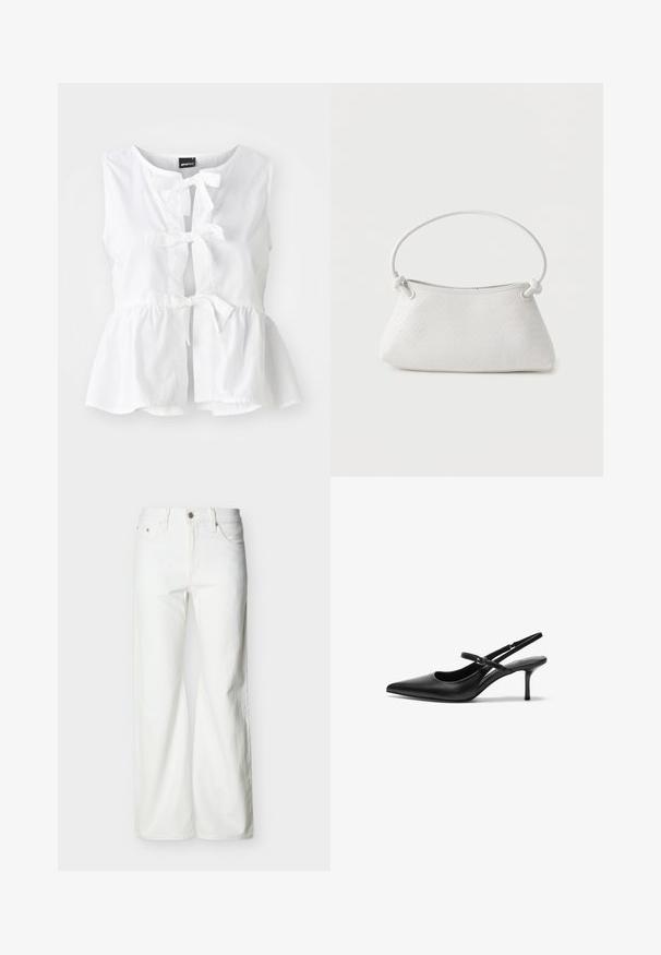 Witte mouwloze top van lichtgewicht stof, met een peplum zoom, voorste strikjes en een sleutelgatenopening, met een ronde halslijn.; Witte jeans met rechte pijpen en hoge taille, voorzien van een knoopsluiting aan de voorkant, rits, en zij- en achterzakken, tegen een effen lichte achtergrond.; Zwarte leren slingback hakken met een puntige neus, slanke verstelbare band en een ongeveer 5 cm hoge stiletto hak, met een gladde textuur.; Witte handtas van gevlochten leer met een afgeronde handgreep en uiteinden van de band die geknoopt zijn, afgebeeld tegen een effen achtergrond.