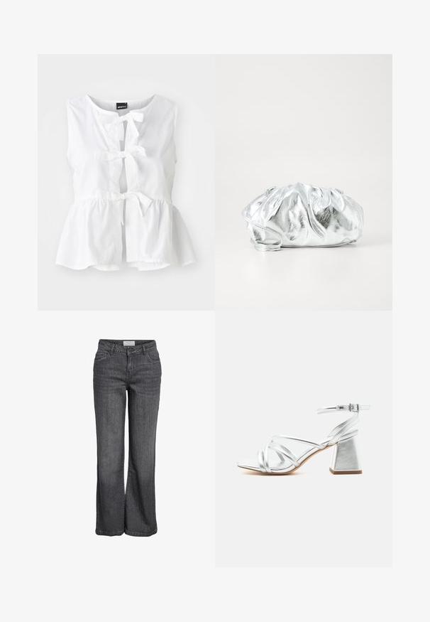 Witte mouwloze top van lichtgewicht stof, met een peplum zoom, voorste strikjes en een sleutelgatenopening, met een ronde halslijn.; Wijd-uitlopende jeans in donkergrijze denim. Heeft een hoge taille, een traditionele vijf-pocket ontwerp en een nette zoom zonder versieringen.; Zilverkleurige sandalen met bandjes, blokhak en enkelriempje met gesp, open teen en gladde zool op een effen witte achtergrond.; Metalen zilveren clutch tas met een zachte, geplooide body en een dunne schouderriem. Kenmerkt zich door een gladde, glanzende textuur en afgeronde vorm.