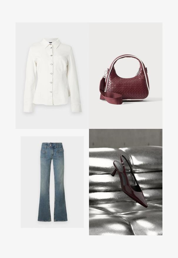 Chemise en denim blanc avec col, manches longues et fermeture à boutons sur le devant. Comprend une poche poitrine unique et des boutons argentés en guise d'accents.; Jean en denim bleu taille haute avec double fermeture à boutons, fermeture éclair devant, poches zippées et jambes évasées sur fond uni.; Escarpin slingback à talon haut, rouge foncé brillant avec bout pointu, présenté sur une surface en cuir argenté capitonné et brillant.; Sac à main en cuir tressé marron foncé avec poignée courbée, garniture blanche, fermeture éclair argentée et bandoulière large en tissu amovible sur fond uni.