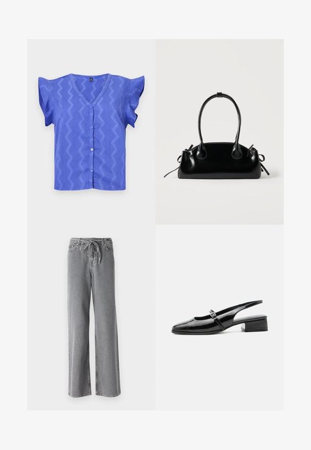 Blusa azul de manga corta con cuello en V, que presenta un patrón en zigzag y cierre de botones en el frente. Tejido texturizado con mangas de volantes.; Jeans anchos grises de mezclilla, con una cinturilla de cordón y dos bolsillos delanteros. La textura es suave, con un acabado ligeramente descolorido.; Zapato slingback de charol negro con tacón bajo y grueso y una fina correa con hebilla de plata en la parte superior.; Pequeño bolso negro brillante con dos asas largas y detalles de cordón lateral sobre un fondo claro liso.
