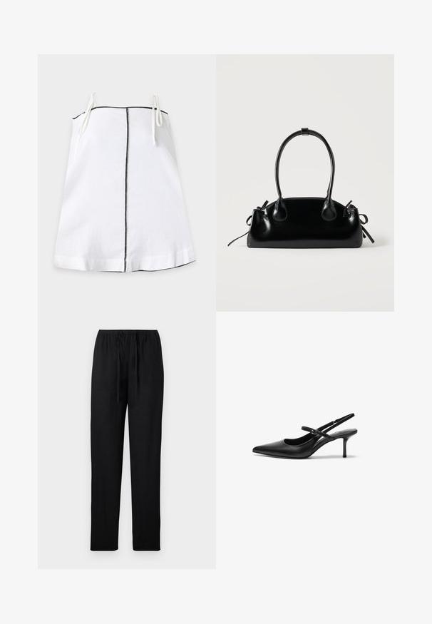 Robe nuisette blanche avec fines bretelles nouées aux épaules et une couture noire verticale au centre devant sur un fond uni clair.; Pantalon noir à jambes droites avec taille élastique et cordon de serrage, présenté sur un fond clair.; Talons aiguilles noires en cuir avec un bout pointu, une fine bride réglable, et un talon aiguille d'environ 5 cm, texture lisse.; Petit sac à main noir brillant avec deux longues anses et des détails à cordon sur les côtés sur un fond clair uni.