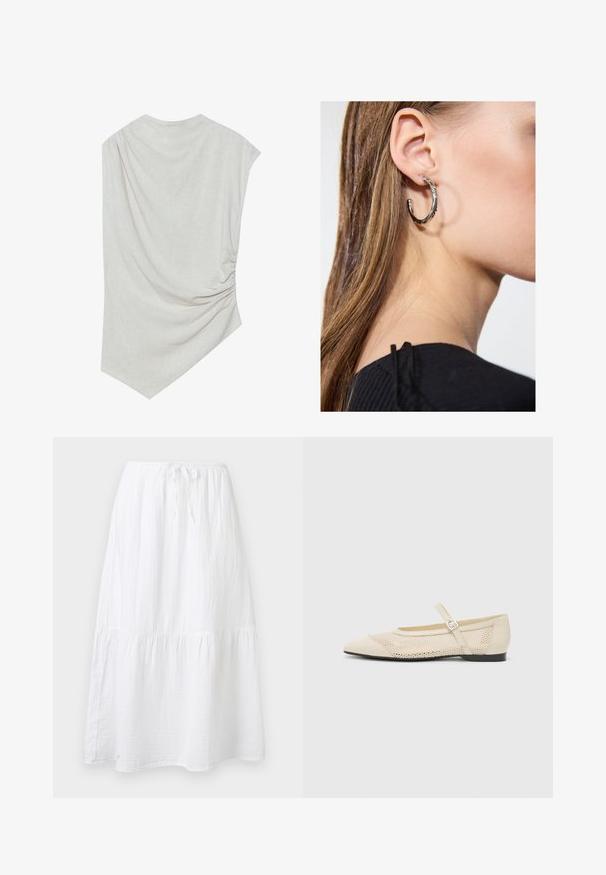 Lys beige top med en rund halsudskæring, asymmetrisk kant og samlede detaljer på den ene side. Fremstillet af et blødt, struktureret stof.; Hvid bomulds midi nederdel med samlet lag, elastisk talje og snørelukning.; Beige balletflader med spids tå, mesh design overlay og en side spænde. Flad sål med en glat tekstur.; Sølv hoop ørestik med en poleret overflade, prydet med små guld accenter og en rund form, båret på øreflippen.