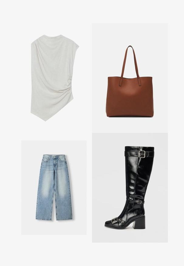 Lys beige top med en rund halsudskæring, asymmetrisk kant og samlede detaljer på den ene side. Fremstillet af et blødt, struktureret stof.; Lysblå denim wide-leg jeans med høj talje, der har en bleg finish, fem lommer og en lige pasform.; Sorte læderknæhøje støvler med en blank finish. Har sølvspænder og remme, en spids tå og en chunky, tekstureret hæl.; Brun læder tote taske med en glat overflade, åben topdesign og to skulderremme. Har minimal syning og ingen synlig hardware.