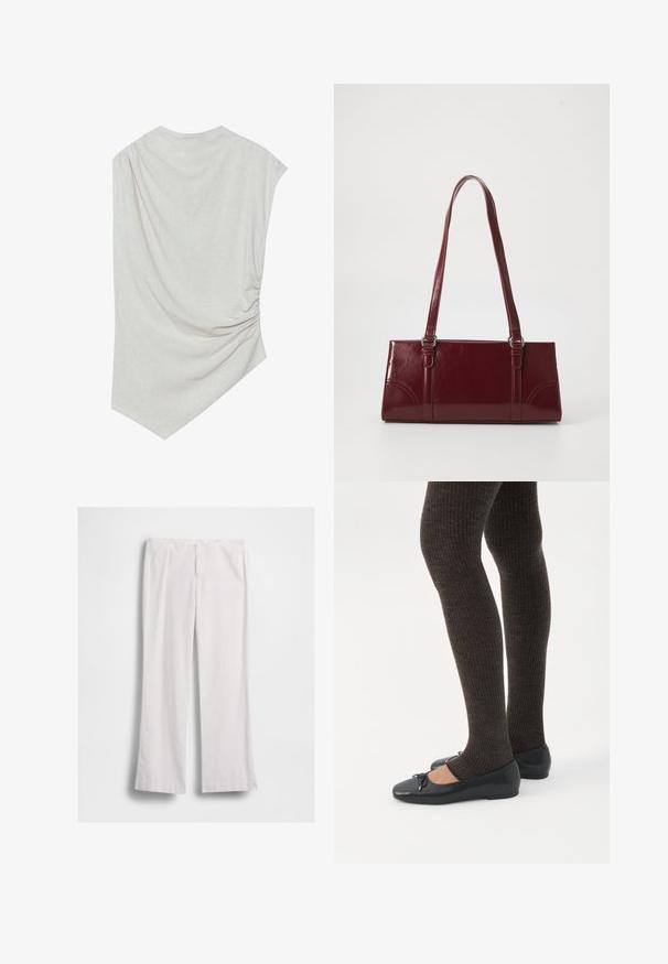 Lys beige top med en rund halsudskæring, asymmetrisk kant og samlede detaljer på den ene side. Fremstillet af et blødt, struktureret stof.; Hvide bukser med lige ben, foran lynlås og knaplukning, vist fladt på en hvid baggrund.; Ben iført mørke ribbede leggings kombineret med sorte balletsko med små sløjfedetaljer på hvid baggrund.; Bordeaux håndtaske lavet af glansfuldt materiale, rektangulær form, med to skulderremme og subtile buede detaljer på forsiden.