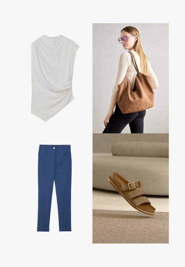 Lys beige top med en rund halsudskæring, asymmetrisk kant og samlede detaljer på den ene side. Fremstillet af et blødt, struktureret stof.; Blå slim-fit bukser lavet af bomuldsblanding, med en forreste knap, lynlås, to lommer og en ren, glat tekstur.; Brun ruskindsandal med dobbelte remme og en guldbøjle, der svæver over et beige tæppe i et rum med neutrale toner.; Brun ruskind tote taske med blød tekstur, stor åbning og lange stropper. Har et enkelt design med synlige syninger og ingen hardware.