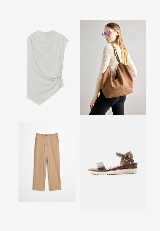 Lys beige top med en rund halsudskæring, asymmetrisk kant og samlede detaljer på den ene side. Fremstillet af et blødt, struktureret stof.; Beige bomuldsbukser med lige ben, knaplukning foran og en glat tekstur. Har standard bærestropper og flad frontdesign.; Brun lædersandal med ankelrem og guldfarvet spænde, polstret indlægssål og tyk hvid gummisål med rillemønster.; Brun ruskind tote taske med blød tekstur, stor åbning og lange stropper. Har et enkelt design med synlige syninger og ingen hardware.