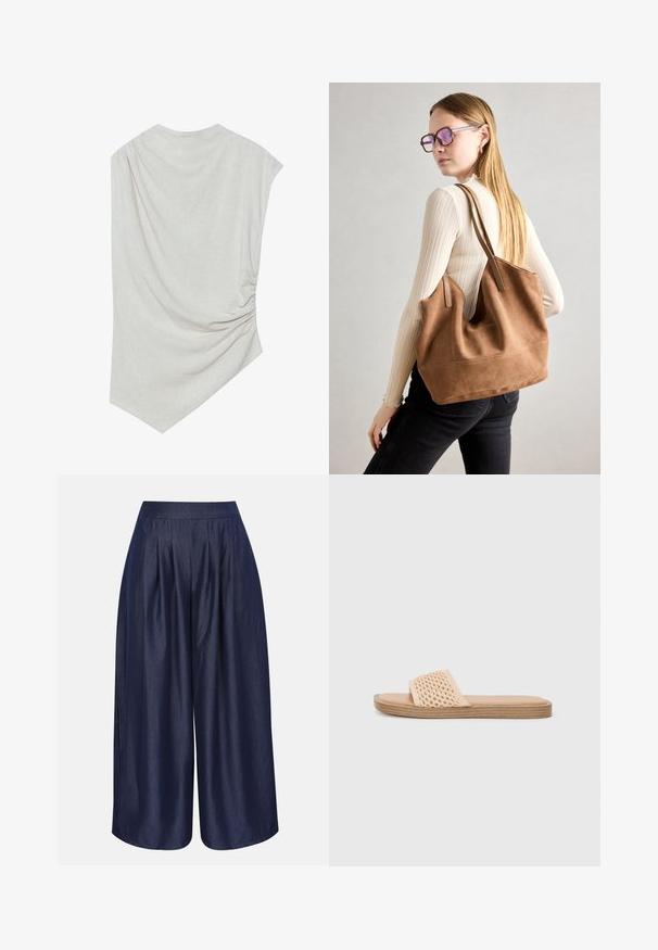 Lys beige top med en rund halsudskæring, asymmetrisk kant og samlede detaljer på den ene side. Fremstillet af et blødt, struktureret stof.; Navyblå bukser med høj talje og vide ben med læg foran, lavet af et glat, let skinnende stof.; Lys beige slidesandale med en vævet overdel, flad sål og en glat, brun fodseng. Simpelt design uden yderligere hardware eller udsmykninger.; Brun ruskind tote taske med blød tekstur, stor åbning og lange stropper. Har et enkelt design med synlige syninger og ingen hardware.