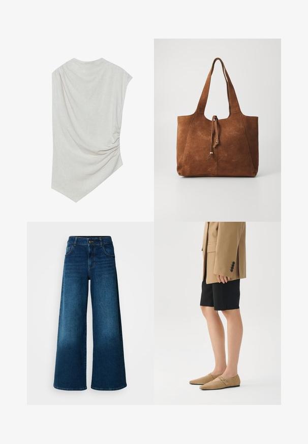 Lys beige top med en rund halsudskæring, asymmetrisk kant og samlede detaljer på den ene side. Fremstillet af et blødt, struktureret stof.; Viddejeans lavet af mørkeblå denim. Har høj talje, knaplukning og klassisk fem-lomme design med subtile falme.; Tan ruskinds slip-on sko med spidse tæer og en lille spænde. Båret med sorte shorts og en beige oversized blazer.; Brun ruskinds tote bag med to lange håndtag, snøre lukning og glat tekstur. Har et enkelt design og minimale accenter.