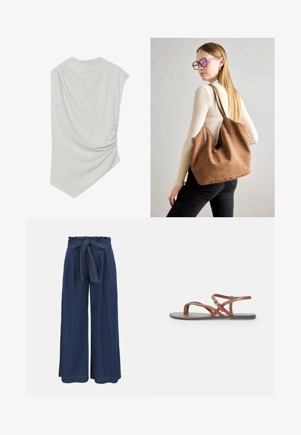 Haut beige clair avec un col arrondi, un ourlet asymétrique et des détails froncés d'un côté. Fabriqué en un tissu doux et texturé.; Pantalon bleu marine taille haute à jambes larges, avec un devant plissé et une ceinture en tissu nouée à la taille.; Sandales plates en cuir marron avec des lanières croisées, un design à bout ouvert et une sangle à boucle autour de la cheville. Texture lisse et style minimaliste.; Sac fourre-tout en daim marron avec une texture douce, grande ouverture et longues sangles. Présente un design simple avec des coutures visibles et sans matériel.