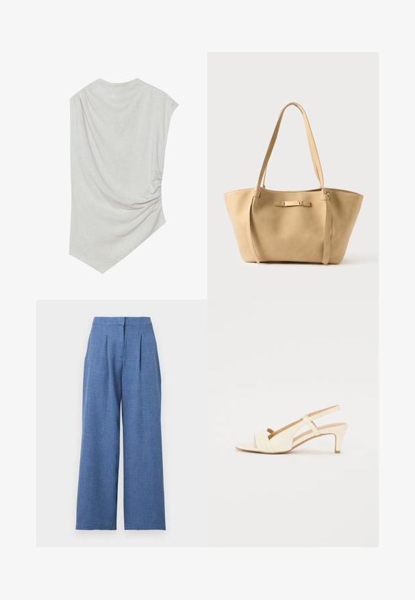 Lys beige top med en rund halsudskæring, asymmetrisk kant og samlede detaljer på den ene side. Fremstillet af et blødt, struktureret stof.; Højttaljede bukser med vide ben i lyseblå med forreste læg og skjult taljebåndlukning.; Beige slingback hæl med en let spids tå og tre vandrette stropper foran. Har en mellem høj hæl og en glat tekstur.; Beige lædernettaske med to lange stropper, glat tekstur og en diskret metalaccent på forsiden. Åben topdesign, rummeligt indre.