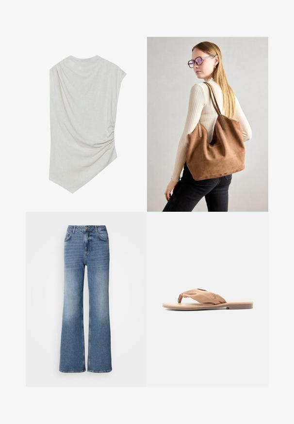 Lichte beige top met een ronde halslijn, asymmetrische zoom en geplooide details aan één kant. Gemaakt van een zachte, gestructureerde stof.; Mos Mosh MAI - Straight leg jeans - blue wash; Beige platte sandaal met zachte stoffen teenslipper en een klein rond gouden embleem aan de zijkant, zijaanzicht op een witte achtergrond.; Bruine suède totebag met zachte textuur, grote opening en lange hengsels. Het heeft een eenvoudig ontwerp met zichtbare stiksels en geen hardware.