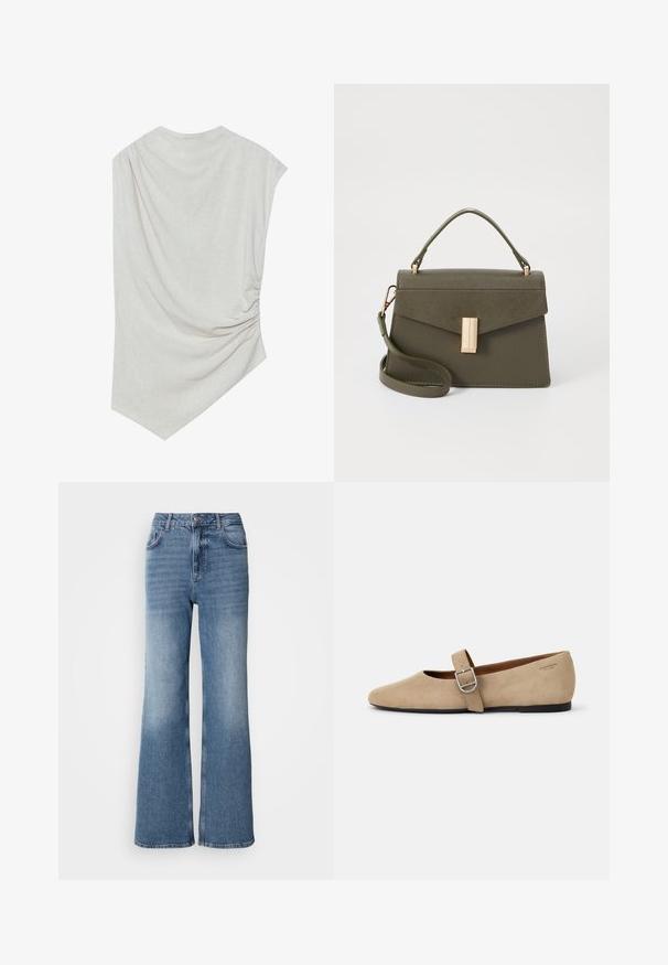 Top beige claro con escote redondeado, dobladillo asimétrico y detalle fruncido en un lado. Está hecho de una tela suave y texturizada.; Mos Mosh MAI - Vaqueros rectos - blue wash; Bailarinas de ante beige estilo Mary Jane con punta afilada y una sola correa ajustable con hebilla de plata. Suela plana negra.; Pequeño bolso de mano verde oliva con un diseño estructurado, que cuenta con un asa superior, una correa de hombro desmontable y un cierre frontal en tono dorado.