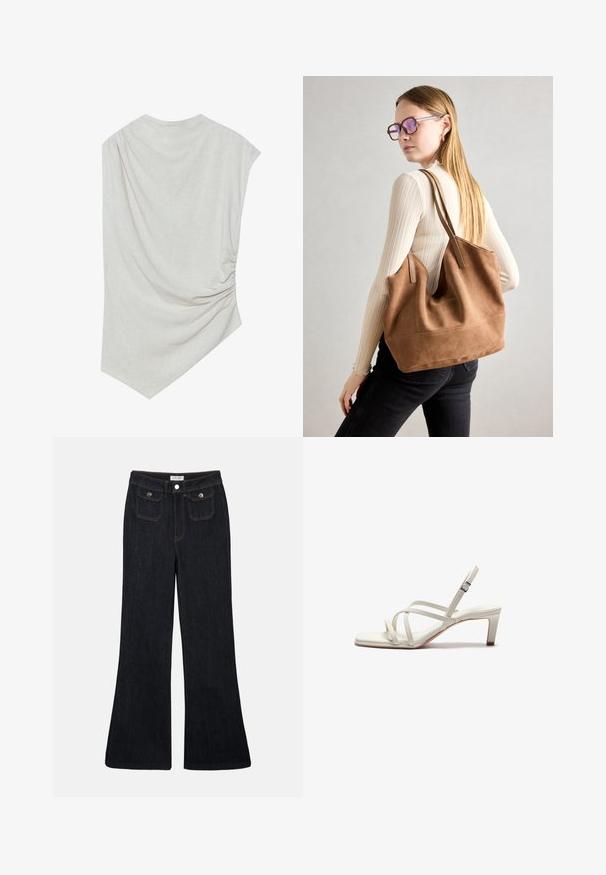 Lichte beige top met een ronde halslijn, asymmetrische zoom en geplooide details aan één kant. Gemaakt van een zachte, gestructureerde stof.; Flared donkerdenim jeans met een hoge taille, twee voorzakken en oranje stiksels. Het materiaal lijkt stevig en glad.; Zign by Zalando Klassieke pumps - off white; Bruine suède totebag met zachte textuur, grote opening en lange hengsels. Het heeft een eenvoudig ontwerp met zichtbare stiksels en geen hardware.