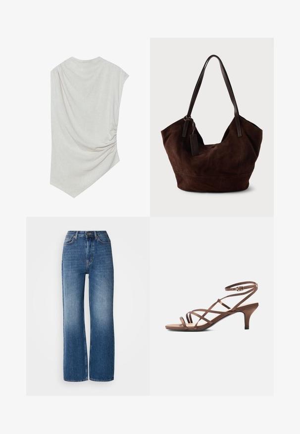 Lys beige top med en rund halsudskæring, asymmetrisk kant og samlede detaljer på den ene side. Fremstillet af et blødt, struktureret stof.; Højtaljede, brede blå denimjeans med en gradientvask, kobberstikninger, lukning med frontknap og fem lommer.; Brun sandal med tynde stropper, ankelspænde og mellemhøj hæl, vist fra siden på hvid baggrund.; Brun ruskind taske med en blød, slouchy form. Har læderhåndtag og et tag-accent. Enkelt tekstur med buede sømme.