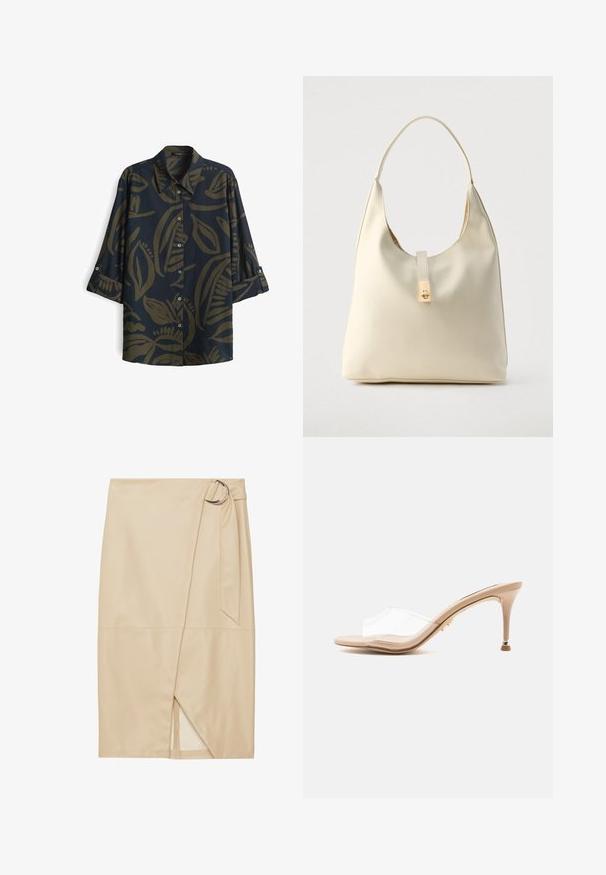 Donkerblauwe shirt met een bladpatroon in olijfgroen. Heeft een kraag, knopen en driekwart mouwen met manchetten. Gladde stofstructuur.; Zign STUDIO by Zalando Wikkelrok - off-white; Beige damesslipper met hoge hak en een transparante brede band en een kleine gouden accenten op de slanke hak tegen een effen achtergrond.; Crèmekleurige leren hobo-tas met een enkele schouderband, een gladde textuur en een goudkleurige sluiting aan de voorkant.