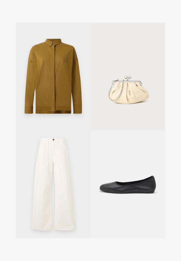Bruine langemouwenhemd met een puntig kraag, een knopenrij aan de voorkant en een gladde stofstructuur. Slim fit met een rechte zoom.; Wijde broek in off-white katoen, met een hoge taille, twee voorzakken en een enkele knoopsluiting aan de voorkant.; Zwarte leren ballerina met een ronde neus, gladde textuur, minimale stikdetails en een flexibele zoolontwerp.; Geplooide beige leren clutch met een zilveren metalen frame, voorzien van twee ronde decoratieve sluitingen en een zilveren kettingriem.