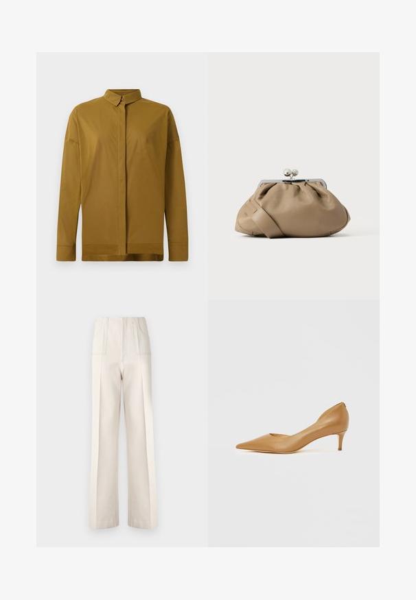 Brun langærmet skjorte med spids krave, front knaplukning og glat stofstruktur. Skræddersyet pasform med lige kant.; Beige vidde bukser med høj talje, to forlommer og synlige syninger. Lavet af et glat, let materiale.; Spids-tå tan læderpumpe med lille hæl, der har et udskåret design på siden for ekstra detaljer og glat tekstur.; Tanfarvet læderhåndtaske med et samlet design og en sølvfarvet lås. Har en slank, flad rem og en glat tekstur.