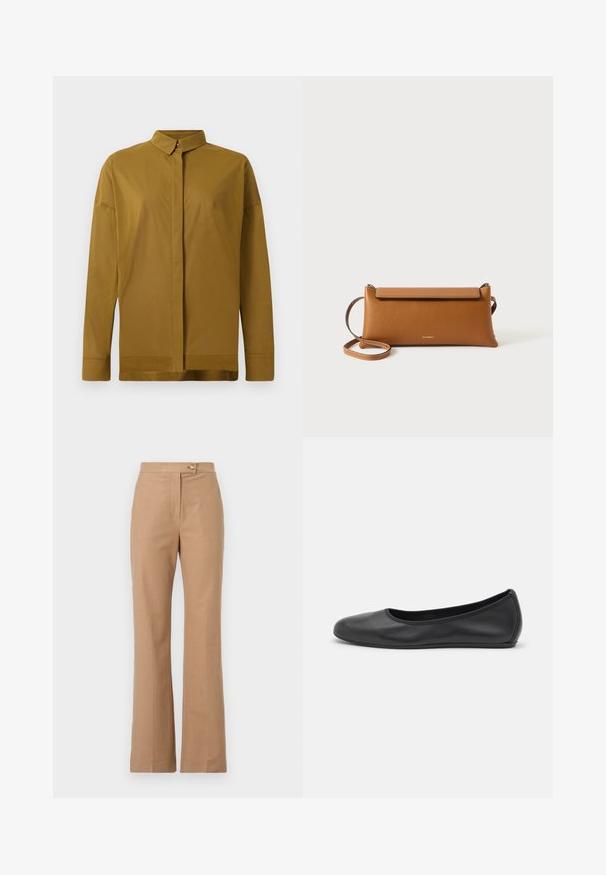 Bruine langemouwenhemd met een puntig kraag, een knopenrij aan de voorkant en een gladde stofstructuur. Slim fit met een rechte zoom.; Beige op maat gemaakte broeken met een uitlopende silhouette, gemaakt van soepele stof, met een sluiting met een voorknop en twee zijzakken.; Zwarte leren ballerina met een ronde neus, gladde textuur, minimale stikdetails en een flexibele zoolontwerp.; Bruine lederen clutch, rechthoekige vorm, gestructureerd oppervlak, afneembare schouderband, ritsluiting, subtiel logo op de voorkant geperst.