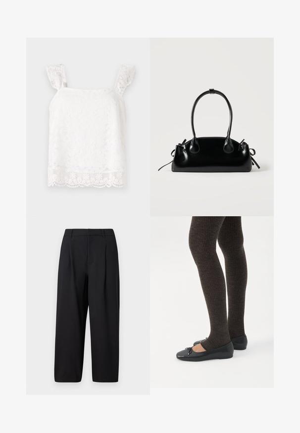 Haut en dentelle florale blanche avec des bretelles froncées. Présente des motifs délicats et un ourlet festonné pour plus de texture. Matière légère.; Pantalon noir avec une coupe décontractée, devant plissé, taille plate et texture lisse. Coupé à une longueur raccourcie, adapté pour un usage formel ou décontracté.; Jambes portant des leggings côtelés foncés associés à des ballerines noires avec de petits détails en nœud sur fond blanc.; Petit sac à main noir brillant avec deux longues anses et des détails à cordon sur les côtés sur un fond clair uni.
