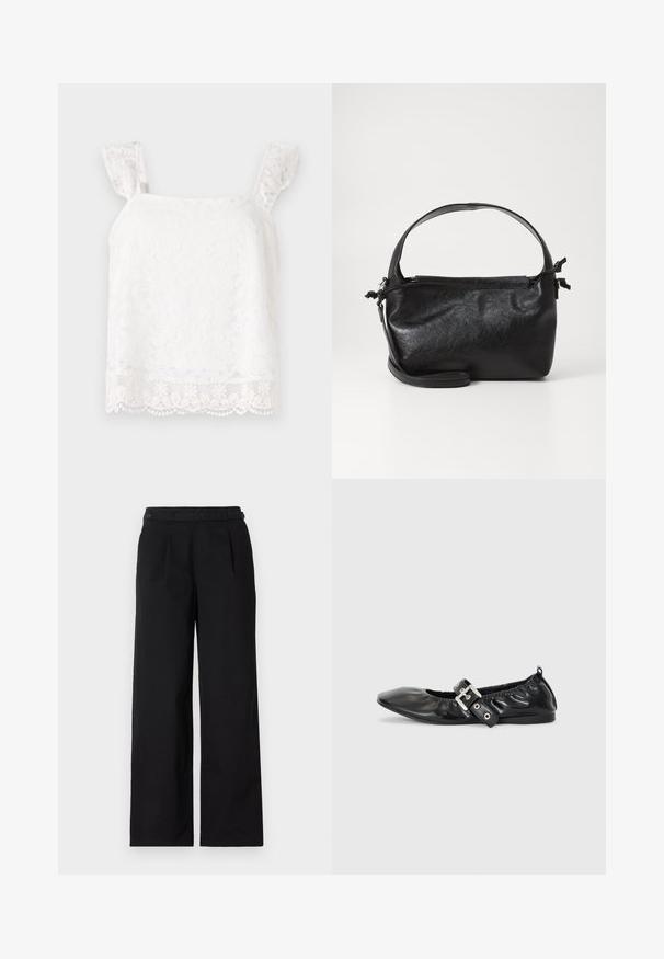Haut en dentelle florale blanche avec des bretelles froncées. Présente des motifs délicats et un ourlet festonné pour plus de texture. Matière légère.; Pantalons larges noirs en mélange de coton, avec des plis en façade, deux boutons à la taille et une texture lisse.; Chaussure plate en cuir noir avec un nez pointu, des détails froncés autour de l'ouverture et un accent en boucle argentée sur la bride ajustable.; Sac à main en cuir noir au design structuré, avec une poignée arrondie et une bandoulière amovible. Présente une texture lisse et un éclat subtil.