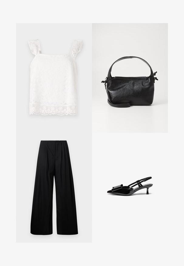 Haut en dentelle florale blanche avec des bretelles froncées. Présente des motifs délicats et un ourlet festonné pour plus de texture. Matière légère.; Pantalons larges noirs à taille haute, dotés de plis verticaux et d'une fermeture à bouton. Texture lisse, design minimaliste.; Talons aiguilles en cuir verni noir avec un bout pointu, un détail en nœud à l'avant et un petit talon stiletto. Les brides sont équipées de boucles ajustables.; Sac à main en cuir noir au design structuré, avec une poignée arrondie et une bandoulière amovible. Présente une texture lisse et un éclat subtil.