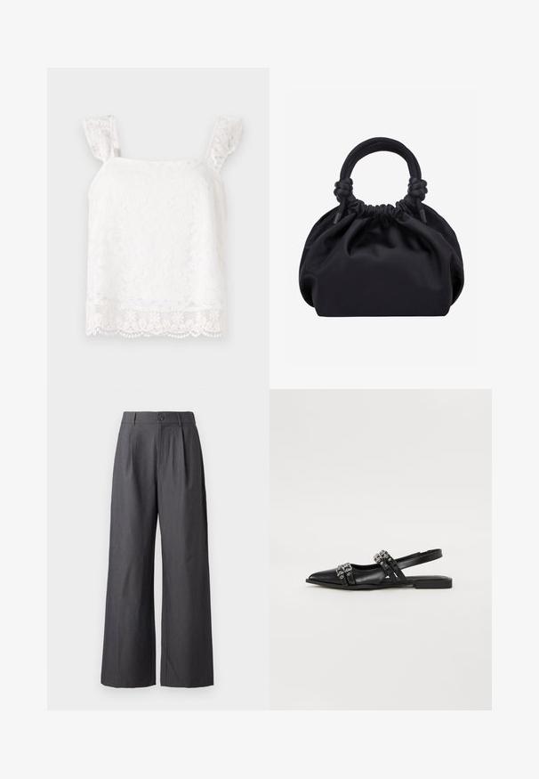 Haut en dentelle florale blanche avec des bretelles froncées. Présente des motifs délicats et un ourlet festonné pour plus de texture. Matière légère.; Pantalon gris foncé à jambes larges avec plis, passants de ceinture et fermeture par bouton à la taille, présenté sur un fond uni.; Even&Odd by Zalando Ballerines à brides arrière - black; Sac à main en tissu noir doux avec haut froncé et poignées circulaires rembourrées nouées de chaque côté.