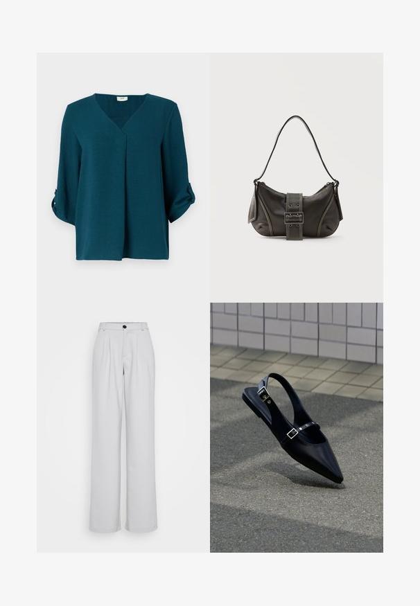 Blusa azul verdosa con escote en V, mangas tres cuartos y puños abotonados. Hecha de tejido texturizado con un corte holgado y detalle de pliegue frontal.; Pantalones de pierna ancha color gris claro con pliegues frontales, una cinturilla ajustada y un cierre de botón negro único. Fabricados con una tela suave y texturada.; Zapato plano negro de punta puntiaguda con tiras de doble hebilla y talón descubierto, descansando sobre asfalto gris cerca de una pared con azulejos.; Bolso de hombro de cuero negro con detalle de correa con hebilla, bordes curvos y costuras blancas en contraste sobre un fondo liso.