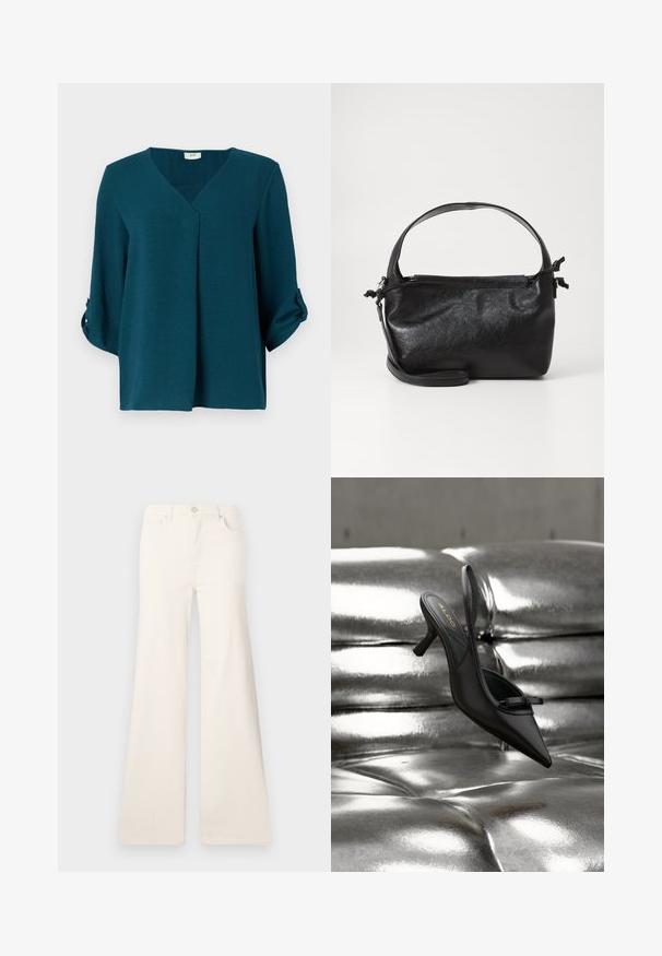 Teal blouse met een V-hals, driekwartmouwen en knoopmanchetten. Gemaakt van textuurstof met een losse pasvorm en een detail met een voorplooien.; ONLY Wide-fit ONLMADISON High waist Wide Leg Fit - Wide leg - ecru; Zwarte slingback pumps met spits toelopende neus en een klein strikje, rustend op glanzende zilverkleurige getufte leren bekleding.; Zwarte leren handtas met een gestructureerd ontwerp, een ronde bovenhandgreep en een afneembare schouderriem. Beschikt over een gladde textuur en een subtiele glans.