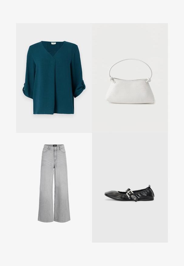 Teal blouse met een V-hals, driekwartmouwen en knoopmanchetten. Gemaakt van textuurstof met een losse pasvorm en een detail met een voorplooien.; Lichtgrijze jeans met wijde pijpen, hoge taille, knoopsluiting aan de voorkant, ritssluiting, riemlussen en merkembleem op de tailleband.; Zwarte leren platte schoen met een spitse neus, geplooide details rond de opening en een zilveren gespaccentueerde verstelbare band.; Witte handtas van gevlochten leer met een afgeronde handgreep en uiteinden van de band die geknoopt zijn, afgebeeld tegen een effen achtergrond.