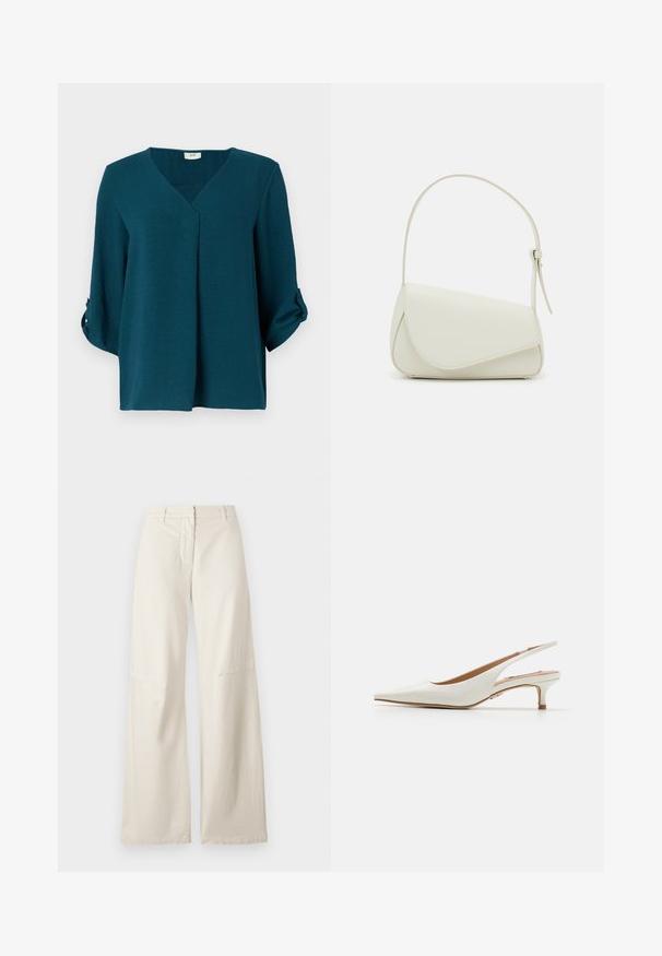 Chemisier turquoise avec un décolleté en V, des manches trois-quarts et des poignets à boutons. Réalisé en tissu texturé avec une coupe ample et un détail de plis à l'avant.; Pantalons larges en tissu coton crème. Présente une taille haute, un design structuré et des détails de couture minimalistes. Devant plat avec poches.; Steve Madden KARI - Escarpins - white; Sac à main en cuir synthétique blanc avec une forme triangulaire structurée, une bandoulière unique réglable et un rabat à courbes accentuées.